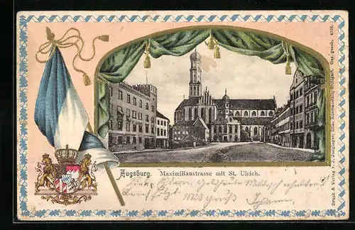 Passepartout-Lithographie Augsburg, Maximilianstrasse mit St. Ulrich, Fahne und Wappen