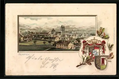 Passepartout-Lithographie Kempten, Teilansicht mit Kirche, Wappen