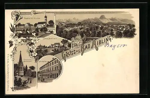 Lithographie Bad Aibling, Brauerei Schuhbräu, Theresien-Monument, Schloss Maxlrain