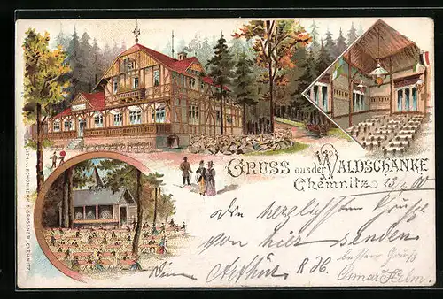 Lithographie Chemnitz, Gasthaus Waldschänke mit Kundschaft