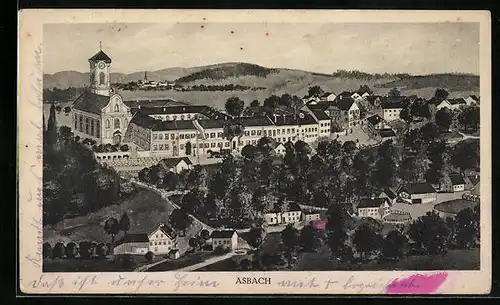 Künstler-AK sign. Hans Pernat: Asbach, Ortspartie mit Kloster aus der Vogelschau