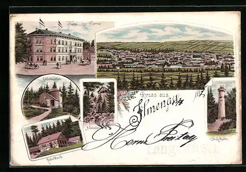 Lithographie Ilmenau, Hotel zur Tanne, Göthehäuschen, Kickelhahn, Totalansicht