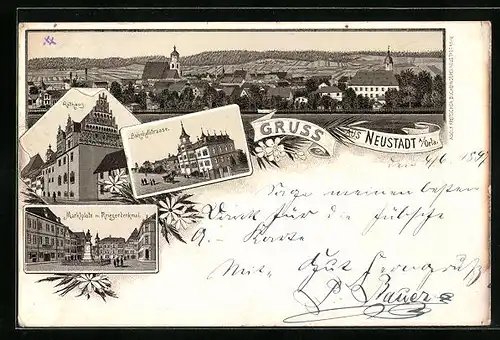 Lithographie Neustadt / Orla, Rathaus, Bahnhofstrasse, Marktplatz mit Kriegerdenkmal, Totalansicht