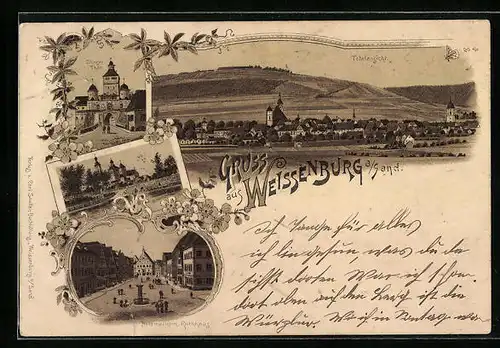 Lithographie Weissenburg /Sand, Ellinger Thor, Holzmarkt mit Rathaus, Totalansicht