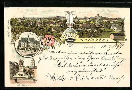 Lithographie Schweinfurt, Rathaus, Rückertdenkmal, Totalansicht