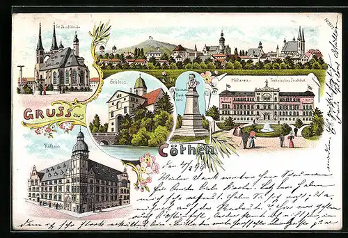 Lithographie Cöthen, Ortsansicht, Schloss, Höheres Technisches Institut