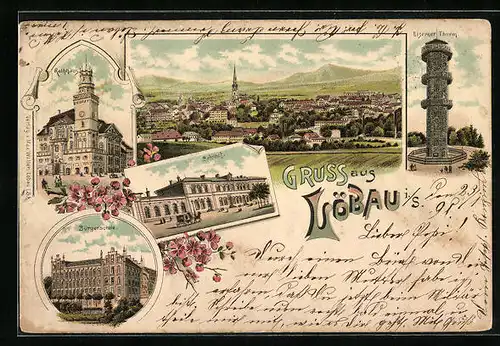 Lithographie Löbau /S., Totalansicht, Rathhaus, Bahnhof