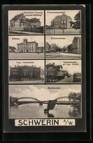 AK Schwerin, Warthebrücke, Präparandenanstalt, Rathaus