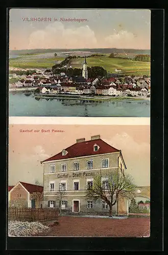 AK Vilshofen /Bay., Ortsansicht aus der Vogelschau und Gasthof zur Stadt Passau