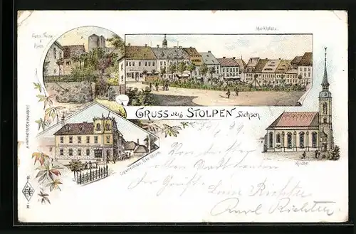 Lithographie Stolpen /Sa., Cigarrenhaus Ecke Oberm., Kirche, Marktplatz