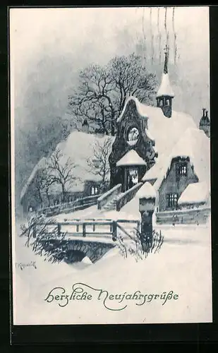 Künstler-AK Franz Kopallik: Neujahrsgruss - Kleine Kirche im Schnee