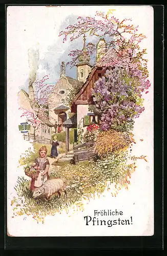 Künstler-AK Franz Kopallik: Pfingstgruss - Mädchen mit Blumenkorb und Schaf auf einer Wiese