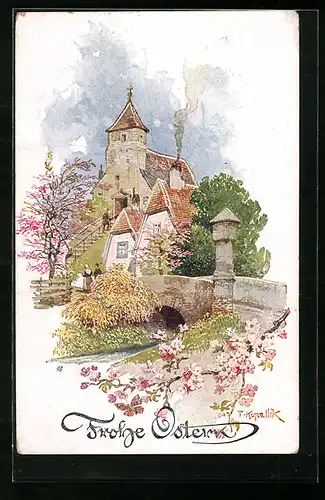 Künstler-AK Franz Kopallik: Ostergruss - Kleine Kirche im Frühling
