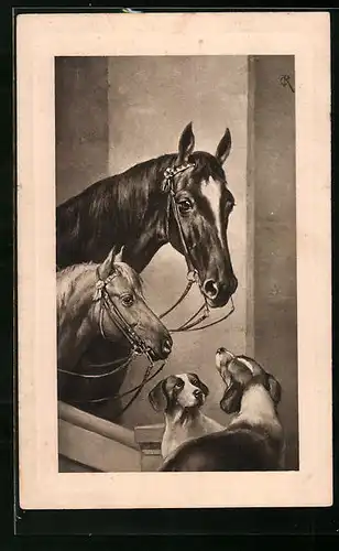 Künstler-AK Carl Reichert: Zwei Hunde mit zwei Pferden
