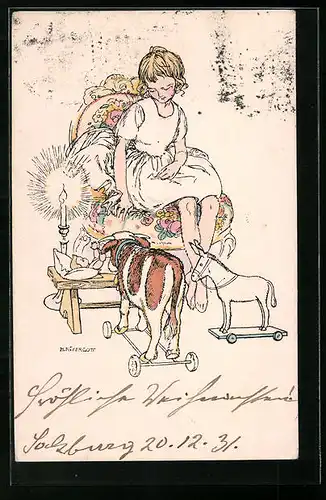 Künstler-AK sign. H. Rüker-Lott: Kind mit Krippenspielzeug