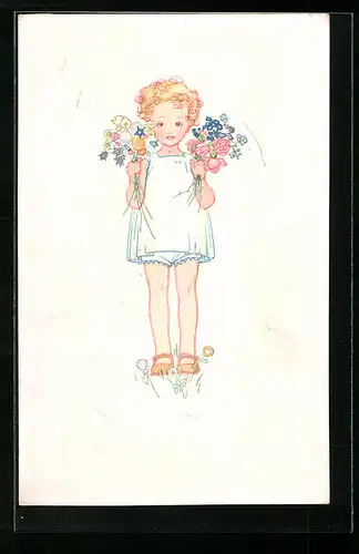 Künstler-AK sign. H. Rüker-Lott: Kind mit zwei Blumensträussen