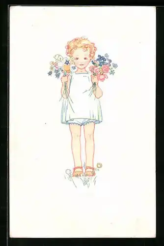 Künstler-AK sign. H. Rüker-Lott: Kind im Hemdchen mit Blumensträussen
