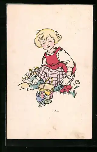 Künstler-AK sign. H. Rüker-Lott: Kind mit Eimer und Schippe