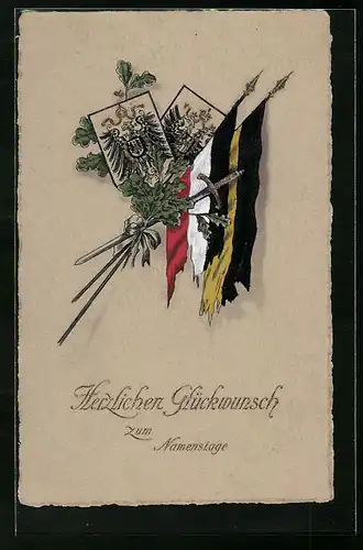 Künstler-AK Zweibund, Namenstagsgruss mit deutscher und österreichischer Flagge