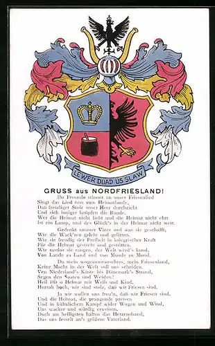 Künstler-AK Nordfriesland, Wappen und Gedicht (Friesenlied)