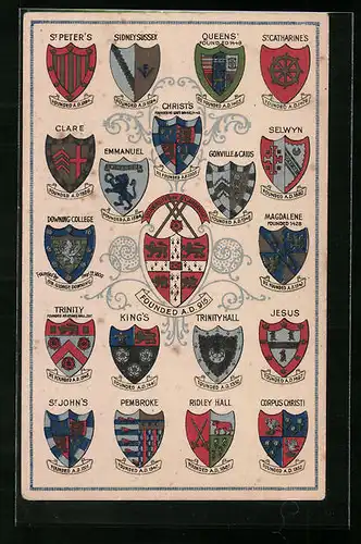 Künstler-AK Cambridge, Wappen der Universität und ihrer Colleges