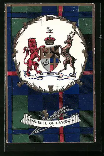 Künstler-AK Campbell of Cawdor, Wappen auf schottischem Karo