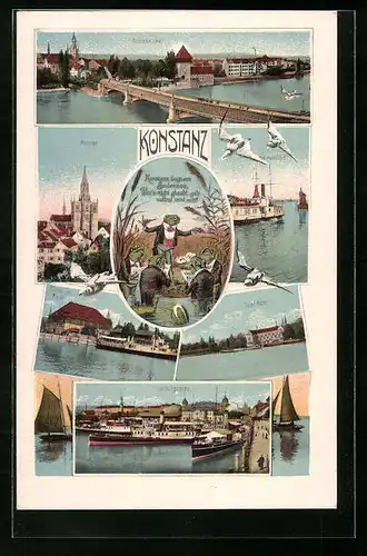 AK Konstanz, Insel-Hotel, Rheinbrücke, Hafeneinfahrt, Froschkonzert