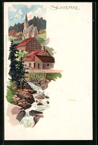 Lithographie Schierke /Harz, Teilansicht mit Kirche