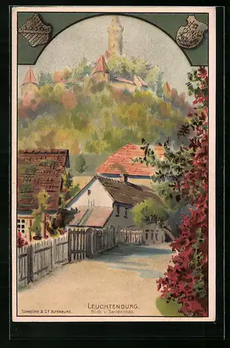 Lithographie Seitenroda, Blick von einer Strasse zur Leuchtenburg