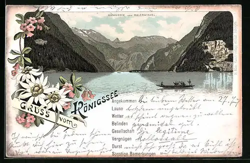 Lithographie Königssee, Königssee vom Malerwinkel, mit Boot