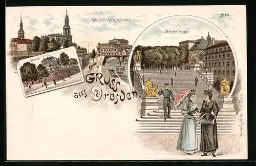 Lithographie Dresden, Brühl`sche Terrasse, Belvedere, Hofkirche