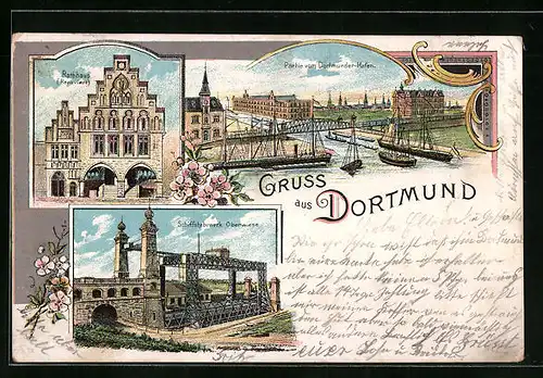 Lithographie Dortmund, Schiffshebewerk Oberwiese, Partie vom Hafen, Rathhaus