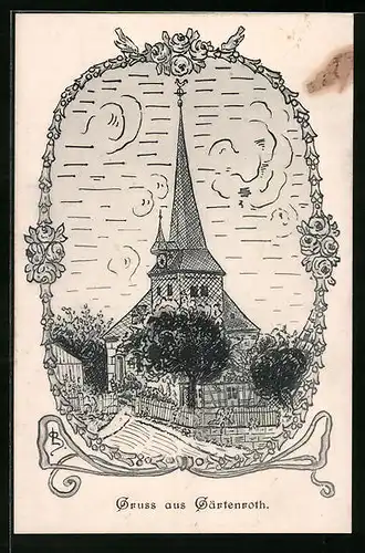 Künstler-AK Gärtenroth, Kirche im Rahmen