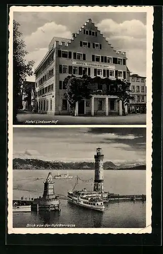 AK Lindau i. B., Hotel Lindauer Hof, Hafeneinfahrt von der Hotel-Terrasse