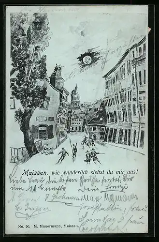 Wirtshaus-AK Meissen, Innenstadt-Strasse aus der Sicht eines Betrunkenen