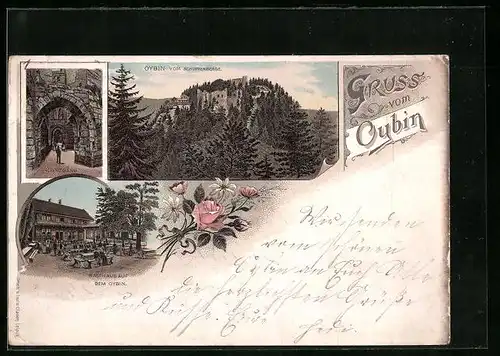 Vorläufer-Lithographie Oybin, 1895, Gasthaus auf dem Berg, Kreuzgang
