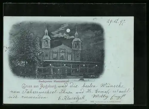 Mondschein-AK Augsburg, Stadtgarten-Restaurant