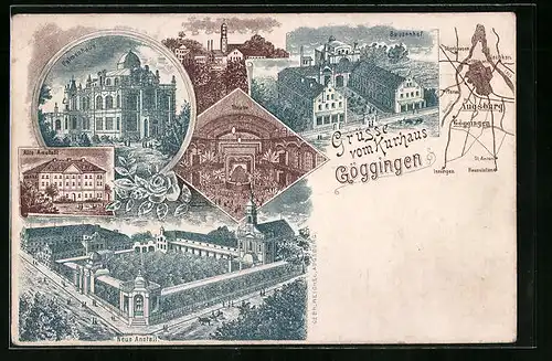 Lithographie Göggingen, Ansichten Palmenhaus, Theater und Bauernhof