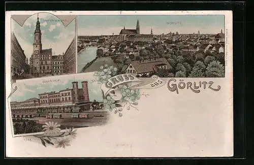 Lithographie Görlitz, Blick auf den Bahnhof und Untermarkt