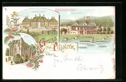 Lithographie Pillnitz, Ansicht Lustschloss, Ruine und Dampfschiffhotel mit Dampfer