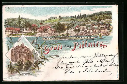 Lithographie Pillnitz, Flusspartie mit Dampfer und Ruine