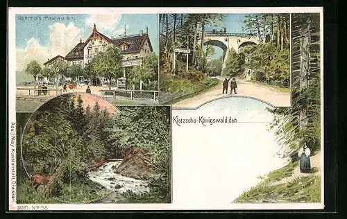 Lithographie Klotzsche-Königswald, Blick auf Bahnhofs-Restaurant und Waldpartie