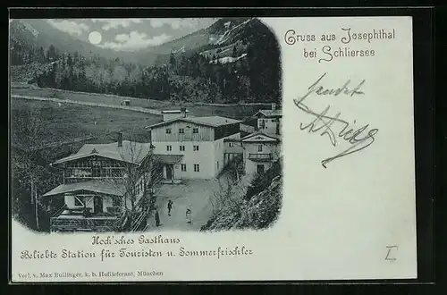 Mondschein-AK Schliersee, Blick auf Hock`sches Gasthaus und Josephthal bei Vollmondnacht