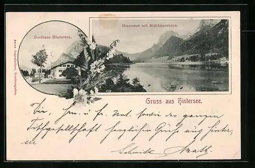 AK Hintersee, Blick auf Hintersee mit Mühlsturzhorn und Gasthaus