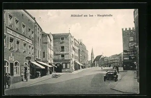 AK Mühldorf /Inn, Ansicht Hauptstrasse mit Hotel Josef Dinhuber, Josef Weiss Farben-Lacke