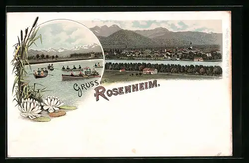 Lithographie Rosenheim, Flusspartie mit Stadtblick