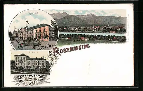 Lithographie Rosenheim, Gesamtansicht und Kaiserbad, Edelweiss