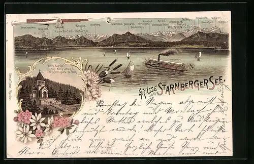 Lithographie Starnberg, Starnberger See mit Dampfern und Segelbooten, Votiv-Kapelle
