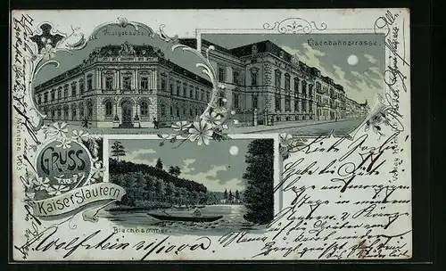 Mondschein-Lithographie Kaiserslautern, Ansichten Eisenbahnstrasse, Blechhammer und Postgebäude an Vollmondnacht