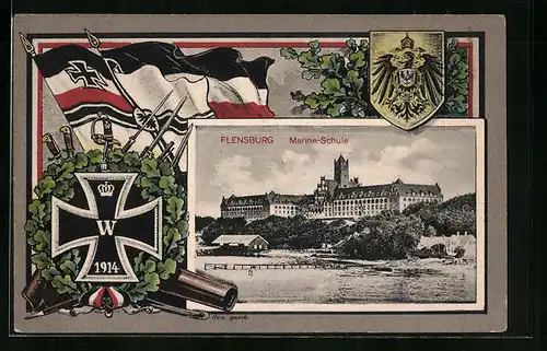 AK Flensburg, Fernblick Marine-Schule, Reichskriegsflagge, Eisernes Kreuz und Reichsadler